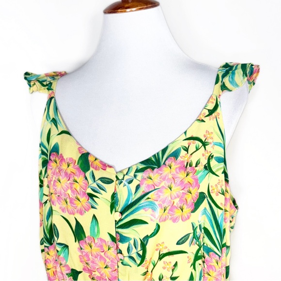 SOLD-Farm Rio Tropical Floral Ruffled Embroidered Peplum Yellow Pink Sleeveless - Picture 3 of 14